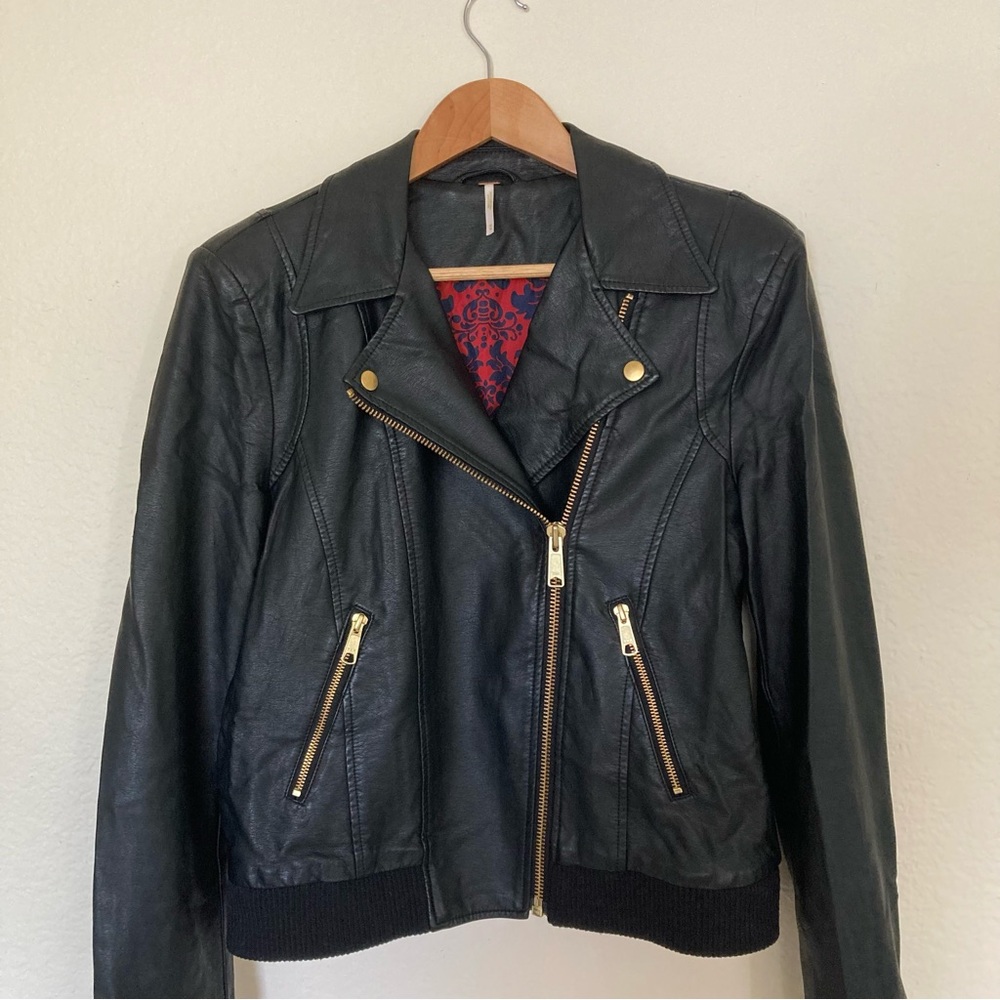 Free People Black Faux Leather Moto Jacket with Gold Accents